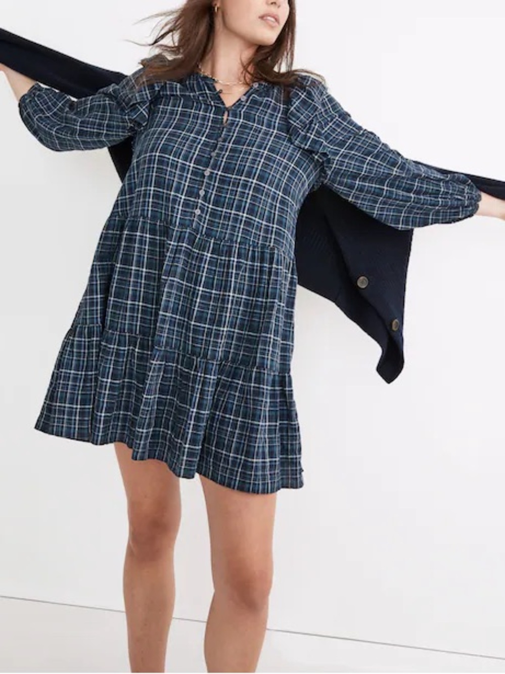 Madewell Plaid Button-Front Smocked Tiered Mini Dress - Navy Plaid